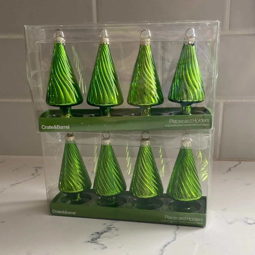 Crate & Barrel Glass Christmas Tree Place Card Holders Set 8 Green